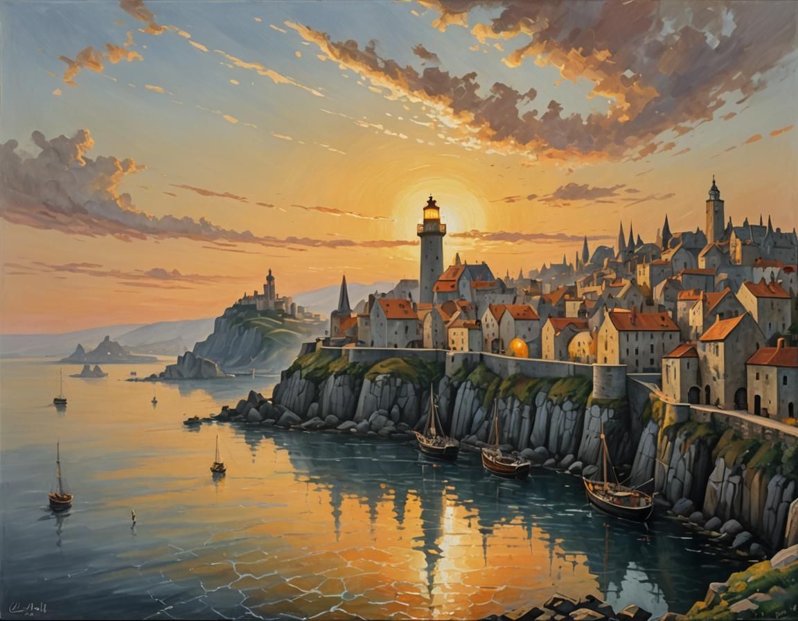 Medieval Port City Sunset: An Oil Painting