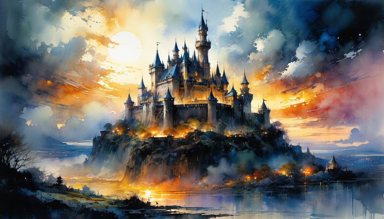 Whimsical Watercolor Castle Amidst Ethereal Clouds