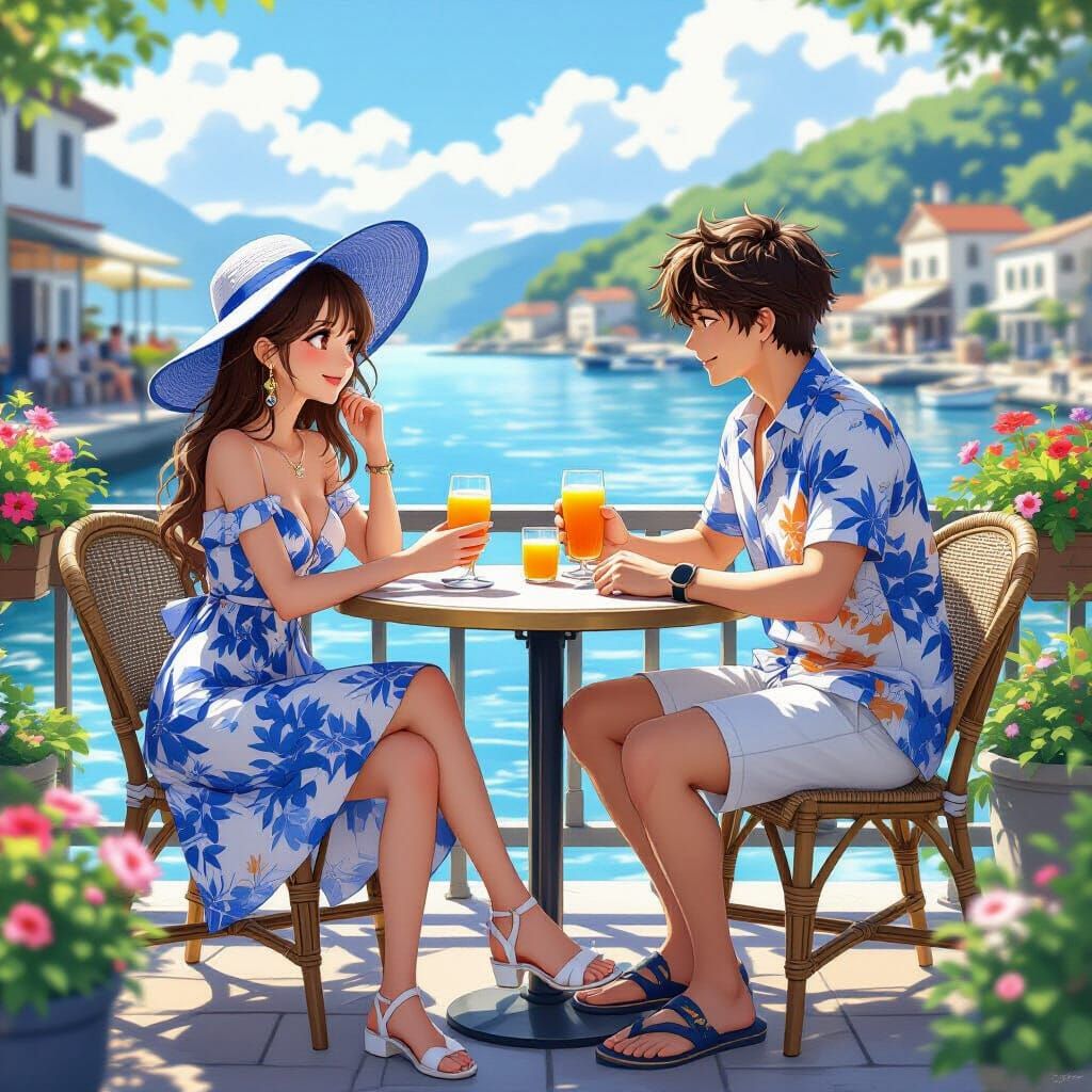 Fishing Port Couple Toasting in 3D Anime Style