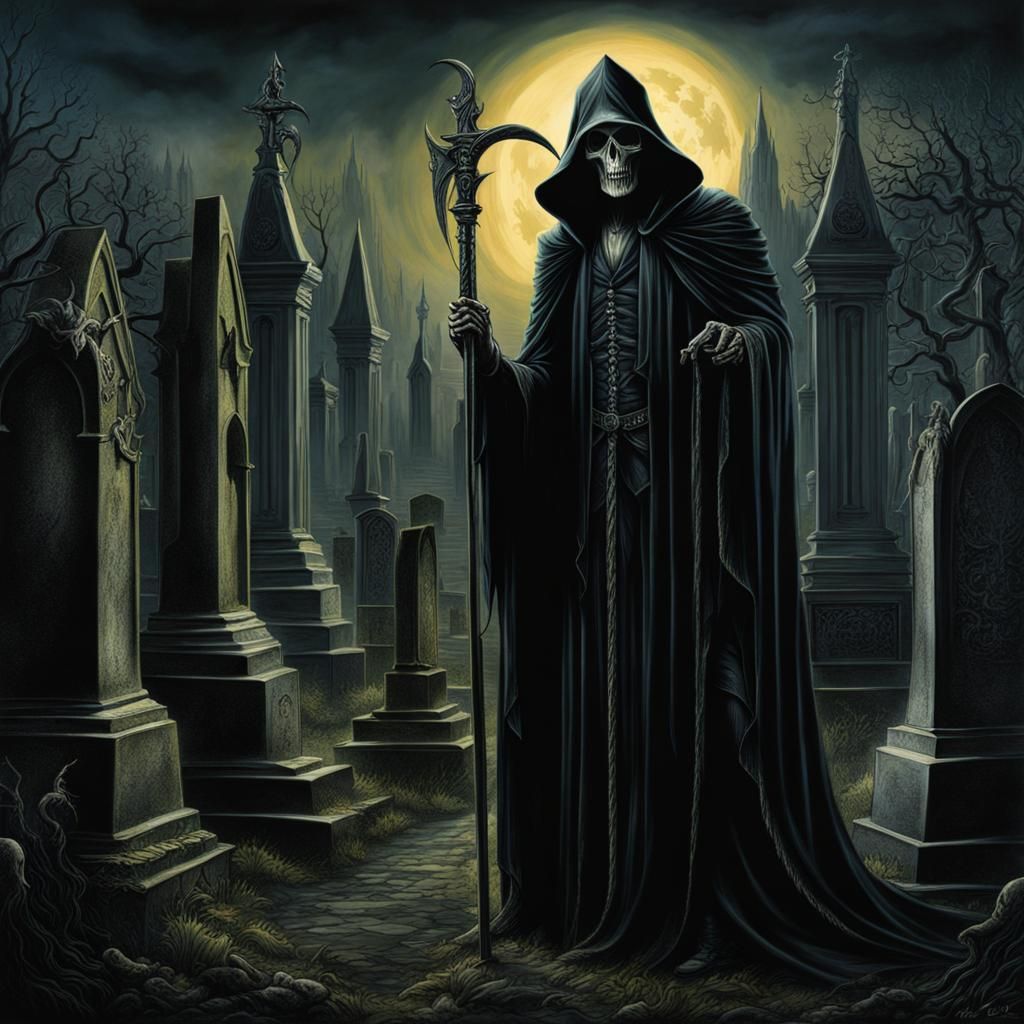 Elegant Grim Reaper in Gothic Cemetery Painting