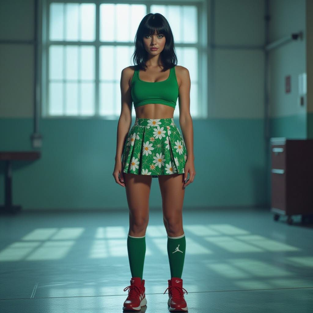 Cinematic Film Still of Woman in Floral Miniskirt