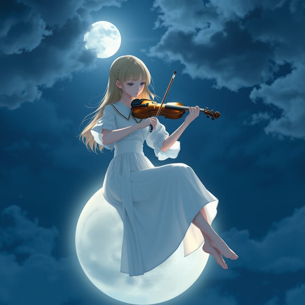 Ethereal Moonlit Violinist in 3D Anime Style