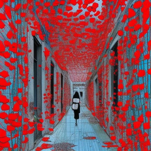 Poppy Flowers in Narrow Street, Detailed Art