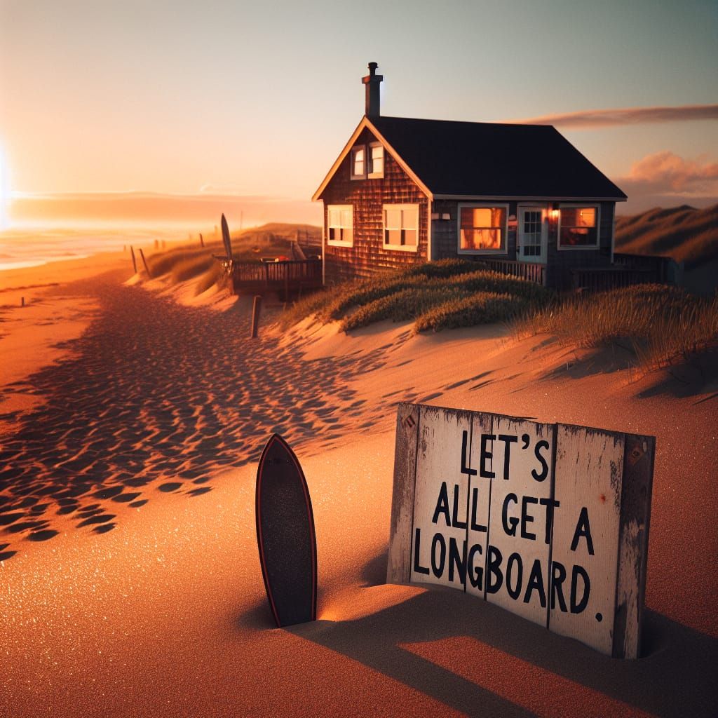 Beach House at Sunset with Surfboard Sign