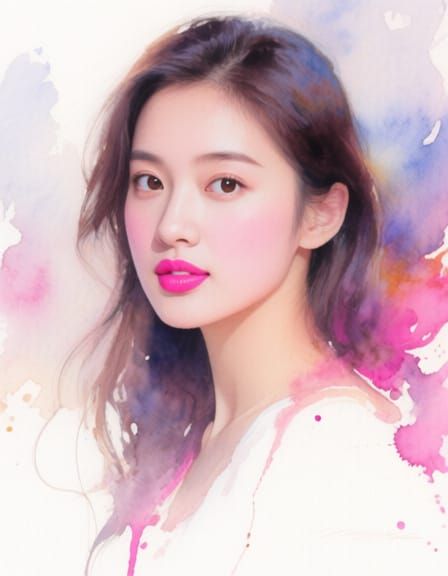 Confident Woman with Pink Lips in Luminous Watercolor Style