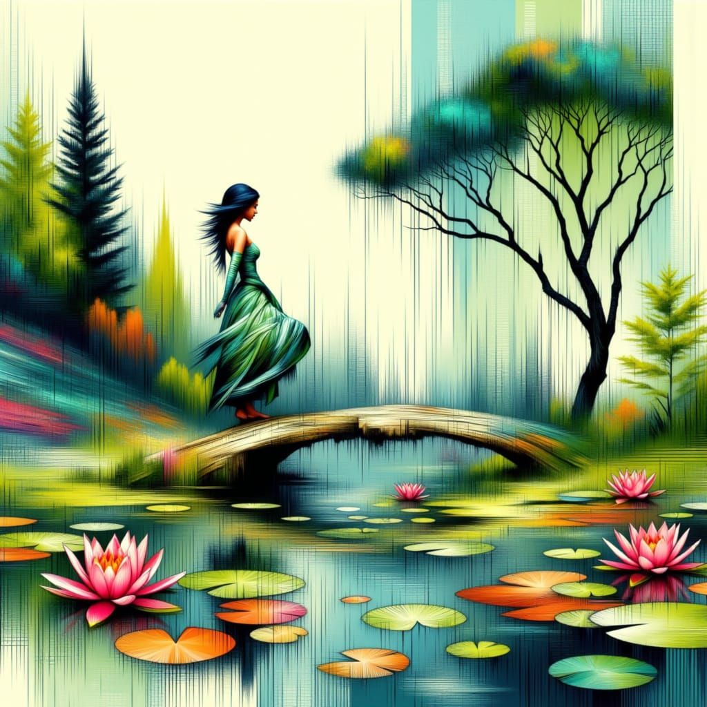 Woman on a Bridge Over a Lily Pond in a Vibrant Graphic Styl...