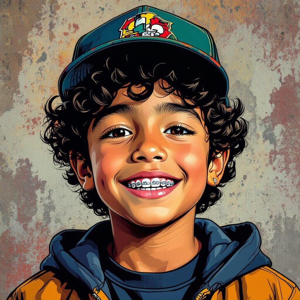 Street Art Portrait of Mexican-American Boy with Braces