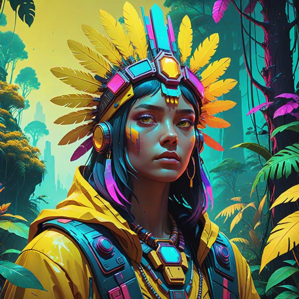 Vibrant Yellow Gemstone Tribe Member in a Dreamlike Jungle E...