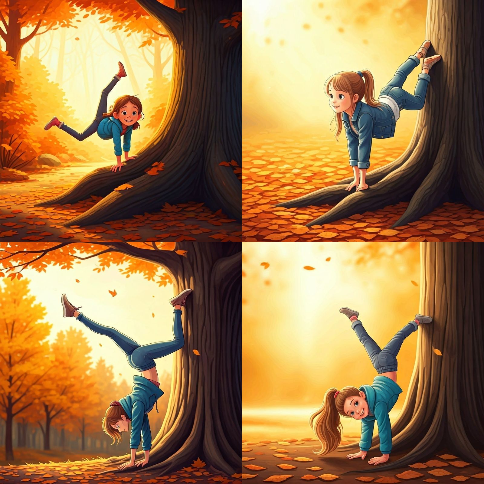 Girl's Autumn Handstand in Golden Sunlight