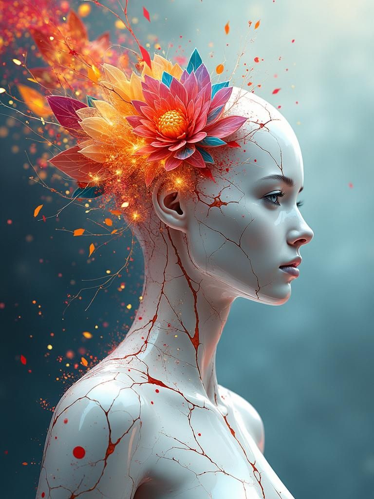 A luminous female android, her sleek white form fractured by a web of glowing cracks. From these fissures erupts a kalei...