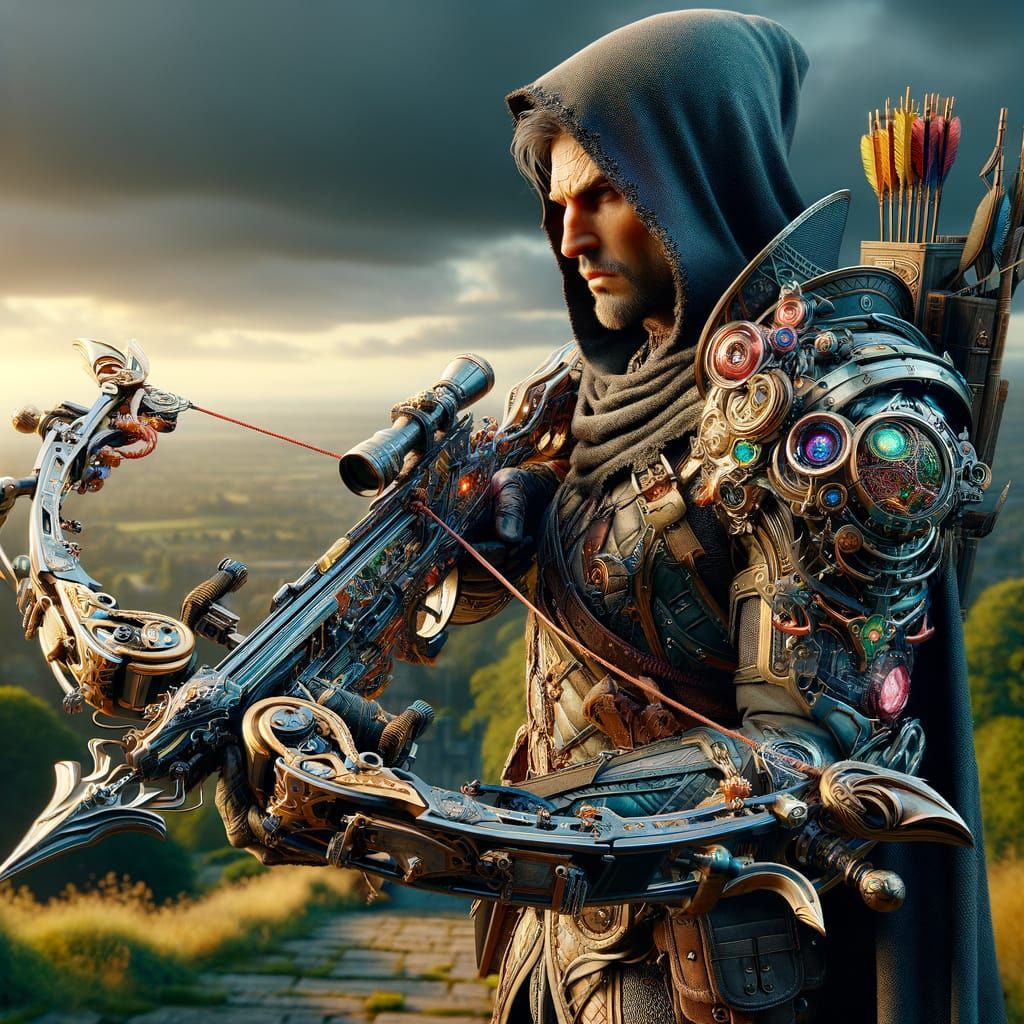 Cyberpunk Medieval Warrior with Sci-Fi Crossbow
