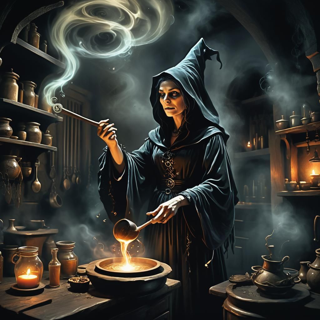 Eerie Kitchen Witch Brews Potion, Digital Art