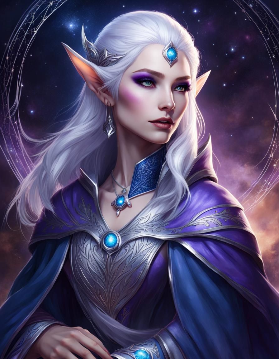 Beautiful Elf with Constellation Tattoos in Silver Robes
