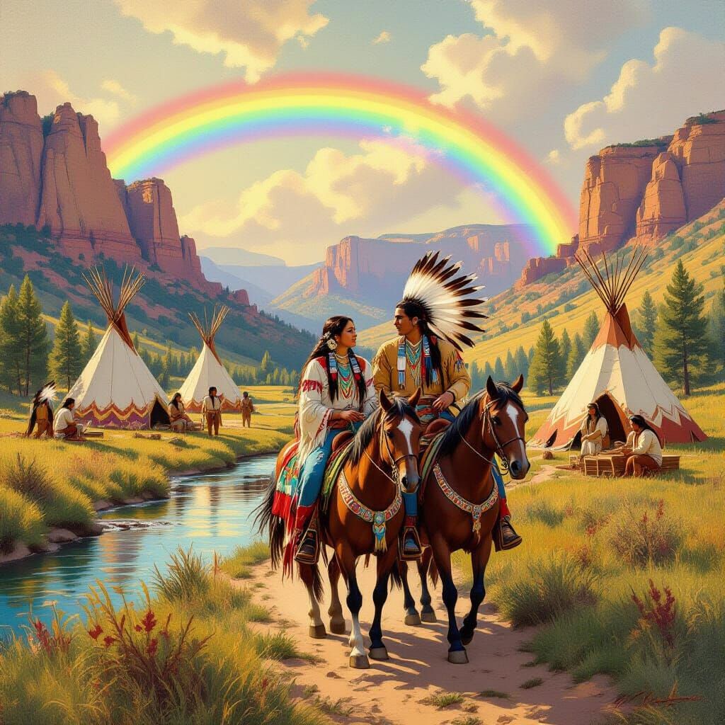 Native American Couple Ride Rainbow Over Lush Valley