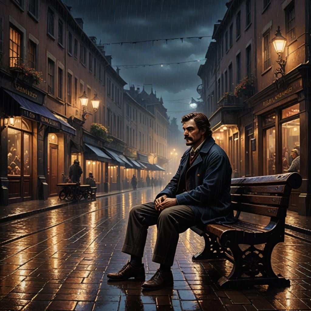 Steampunk Gentleman Seeks Solace in Rainy Night
