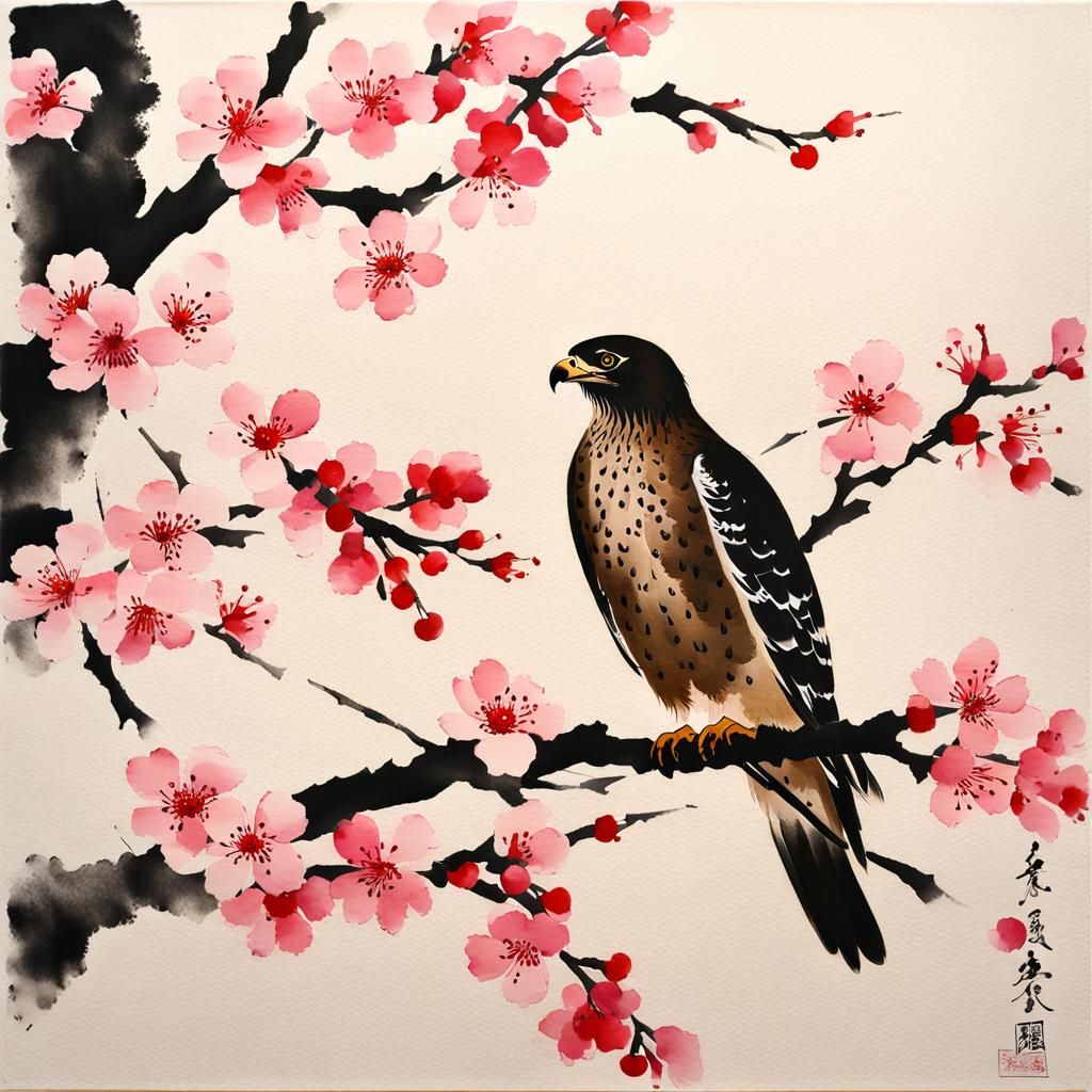 Hawk with Cherry Blossoms in Sumi-e Style
