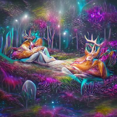 Deer Couple Cuddling in Fantasy Forest