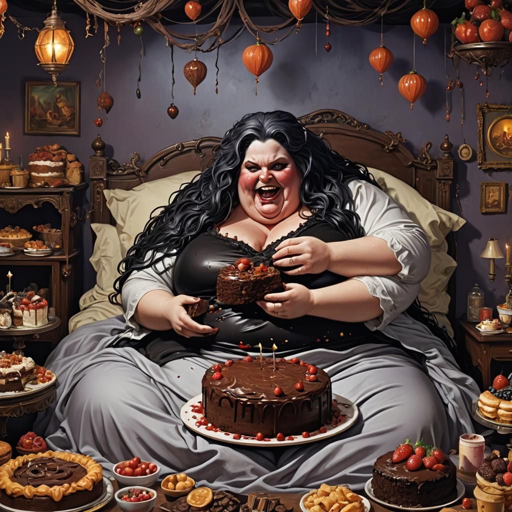 Goth Woman Eating Cake: Detailed Matte Painting
