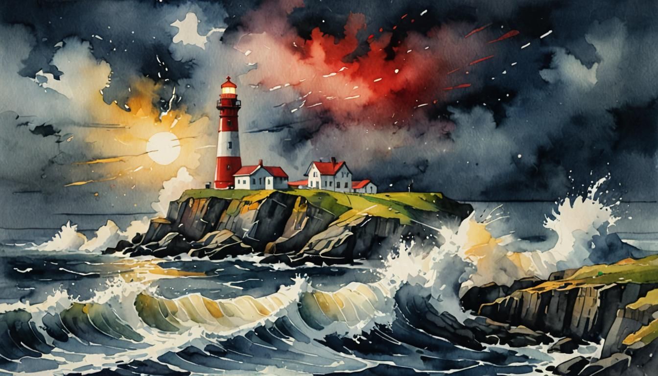 Stormy Lighthouse in Precisionism Watercolor Style