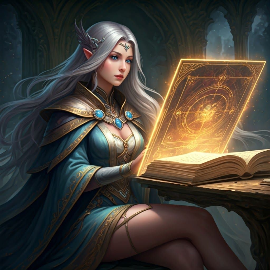 Ethereal Mage Studying Magical Status Screen