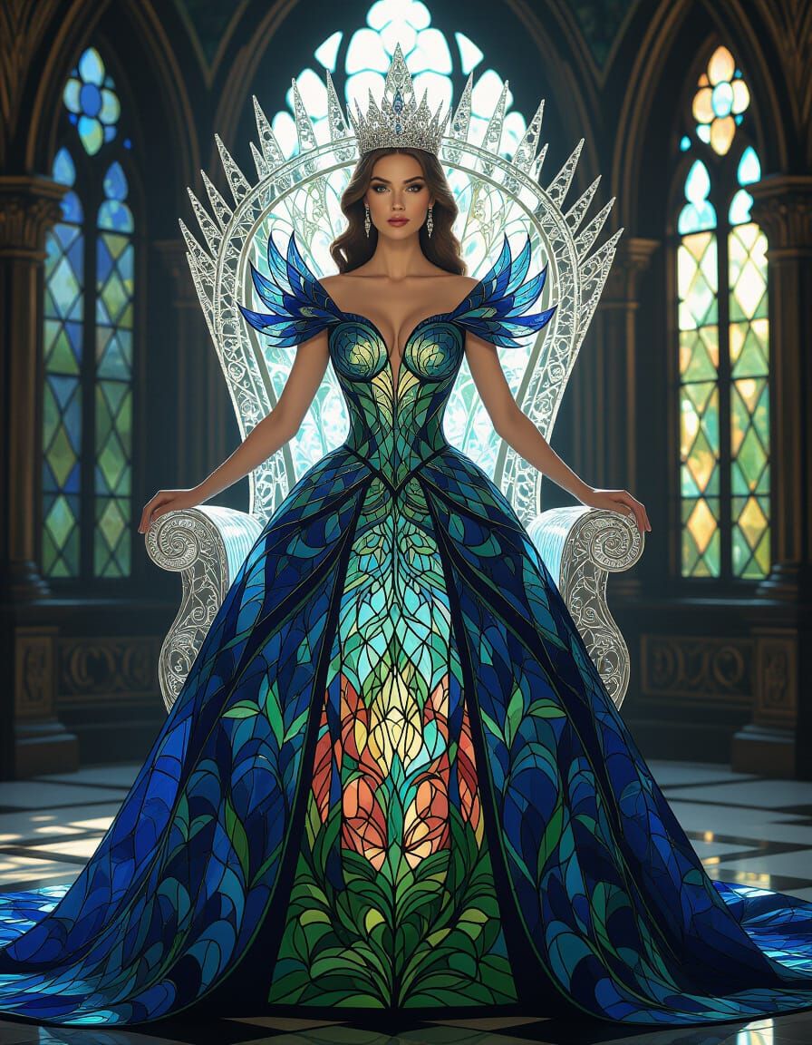 Queen in Stained Glass Gown with Mythical Creatures