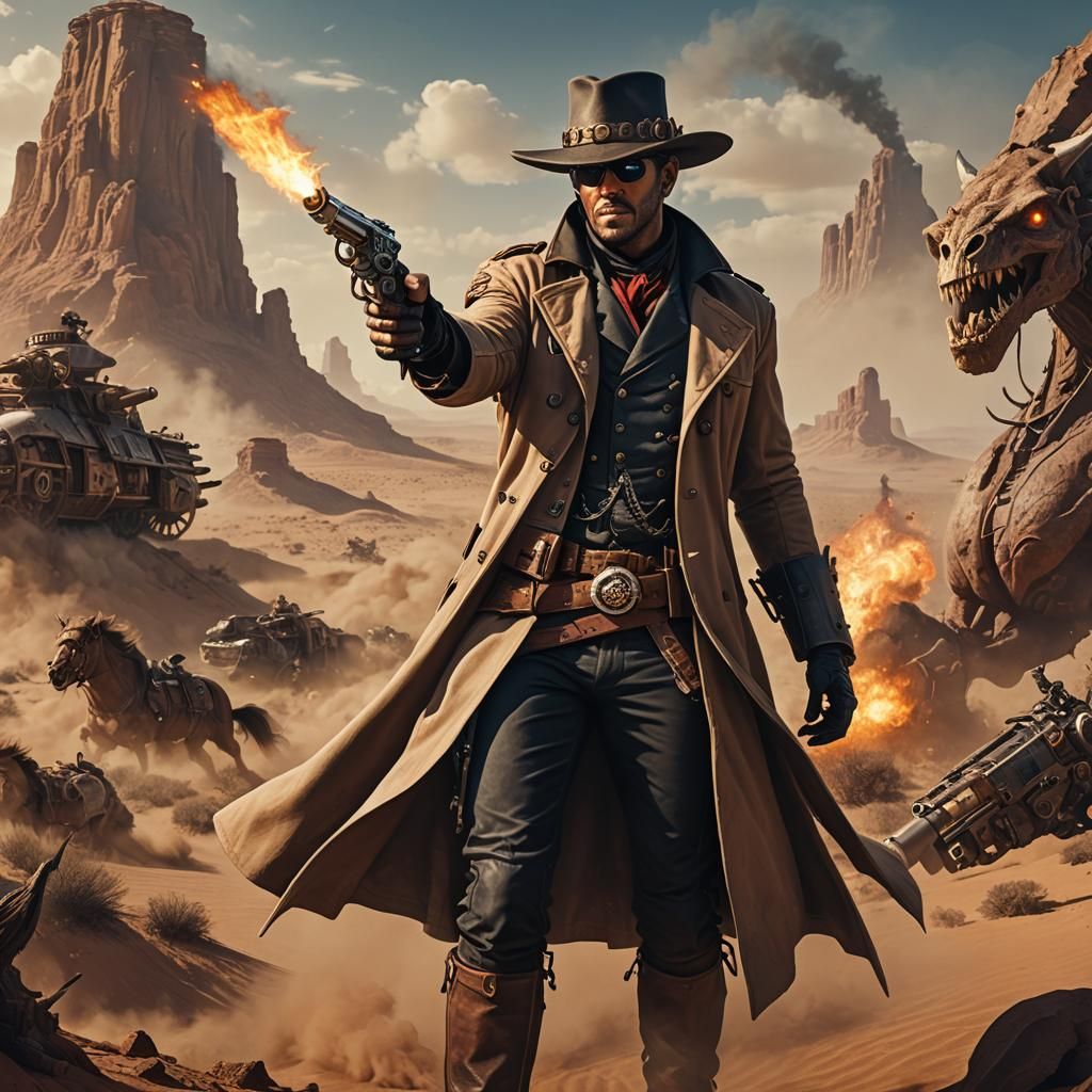 Steampunk Cowboy Battles Desert Monster: Digital Matte Paint...