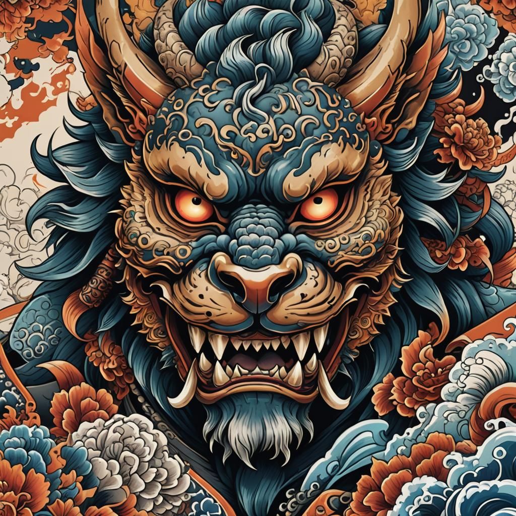 Samurai with Foo Dog Tattoo in Dark Fantasy Style