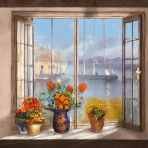 Cat in Window, Impressionist Impasto Oil Painting