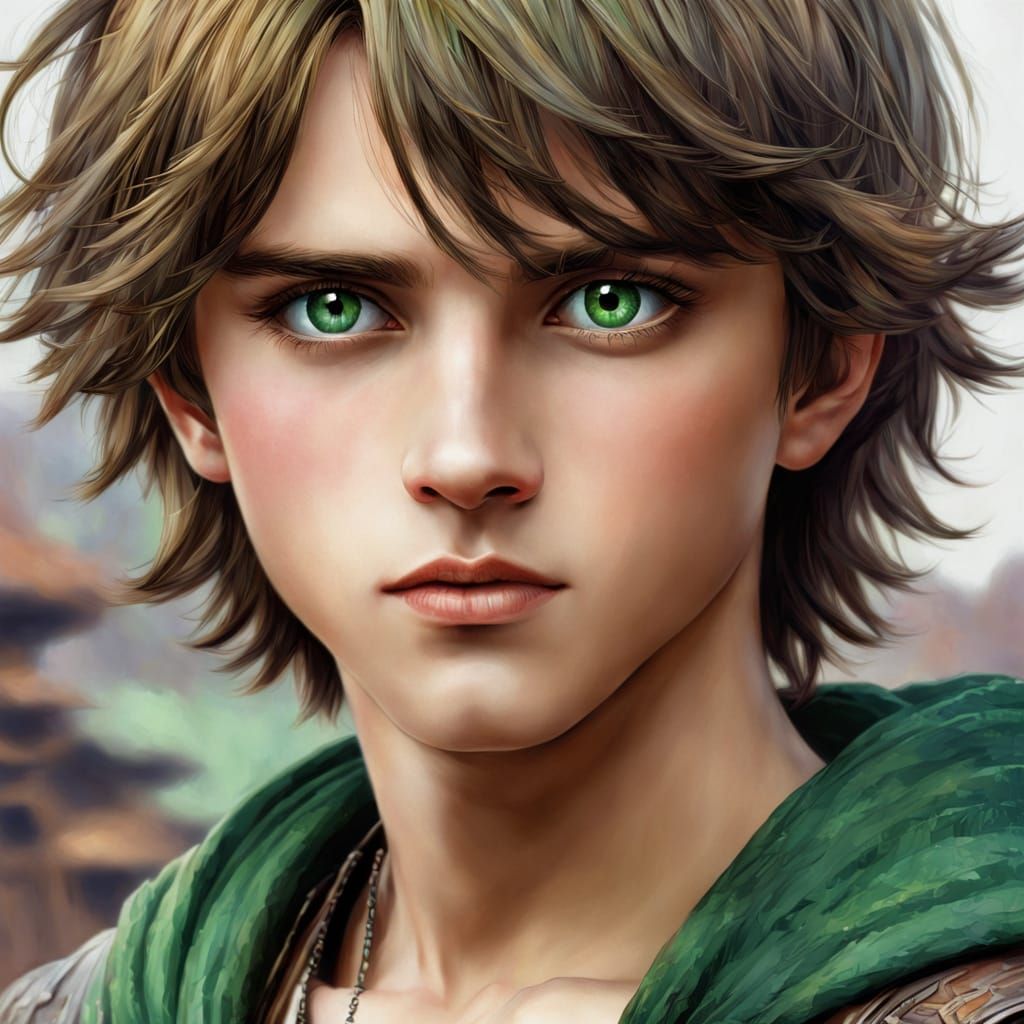 Portrait of a Green-Eyed Youth in Anime Style