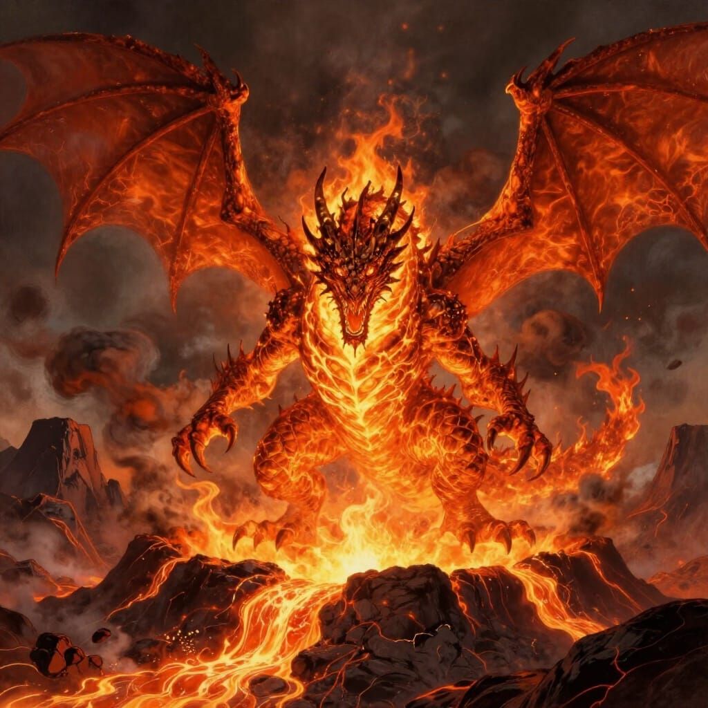 Colossal Fire Dragon Emerging From Volcanic Crater
