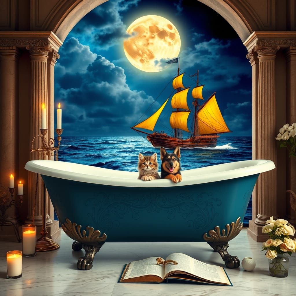 Surreal Luxury Bathroom with Whimsical Creatures and Nightti...