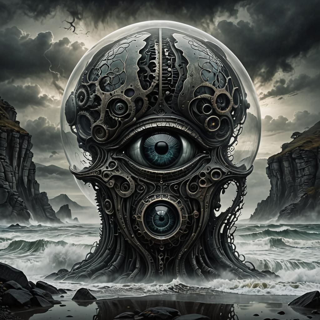 Biomechanical Glass A with Eye, in Surrealist Style