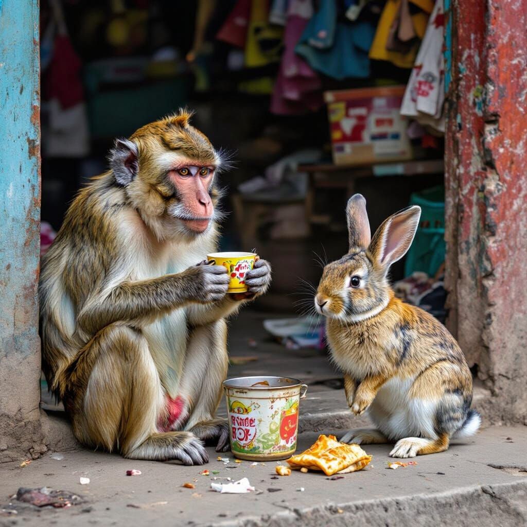 Monkey and Rabbit at Tea Stall, Street Art