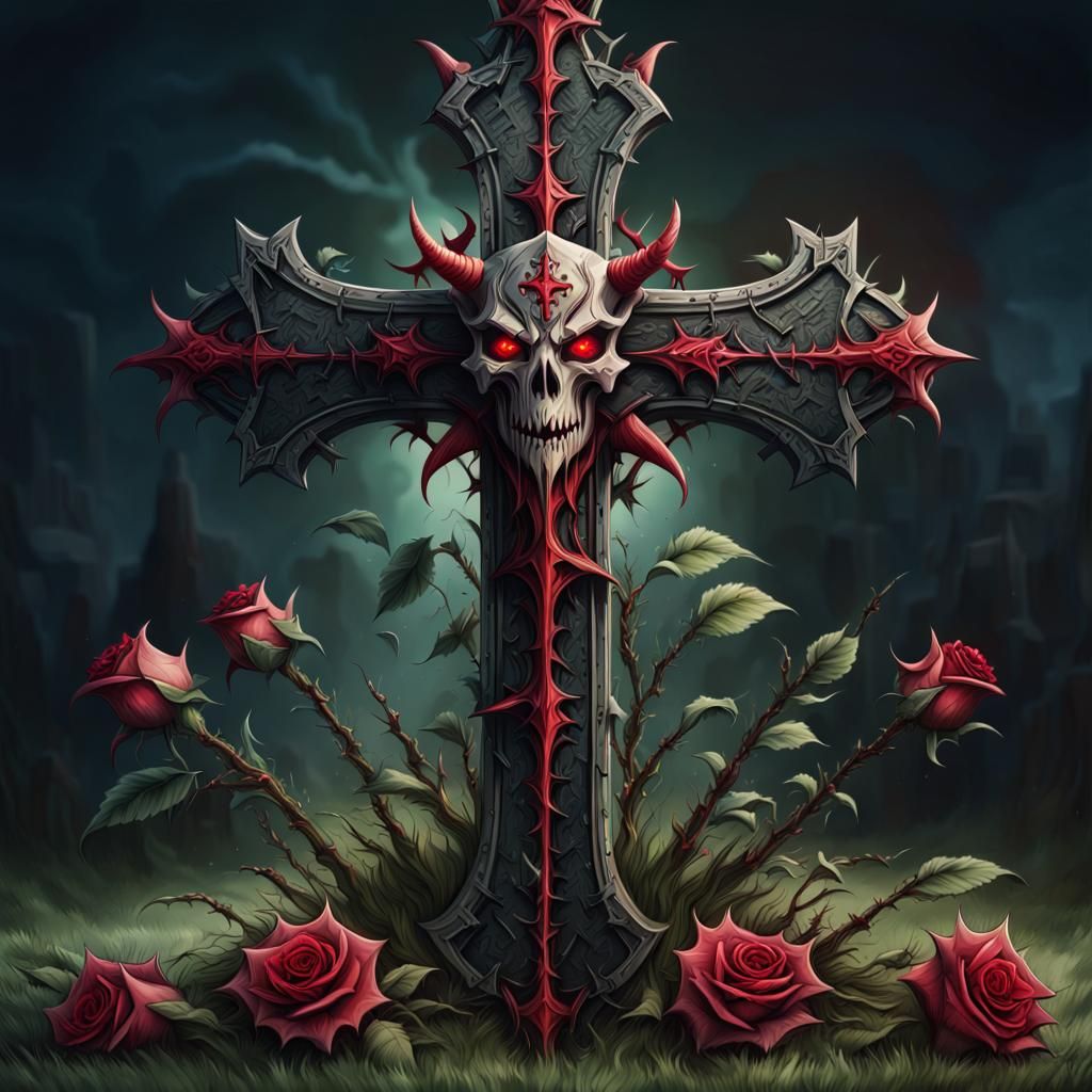 Thorny Rose on Dark Cross: Hyperrealistic Concept Art