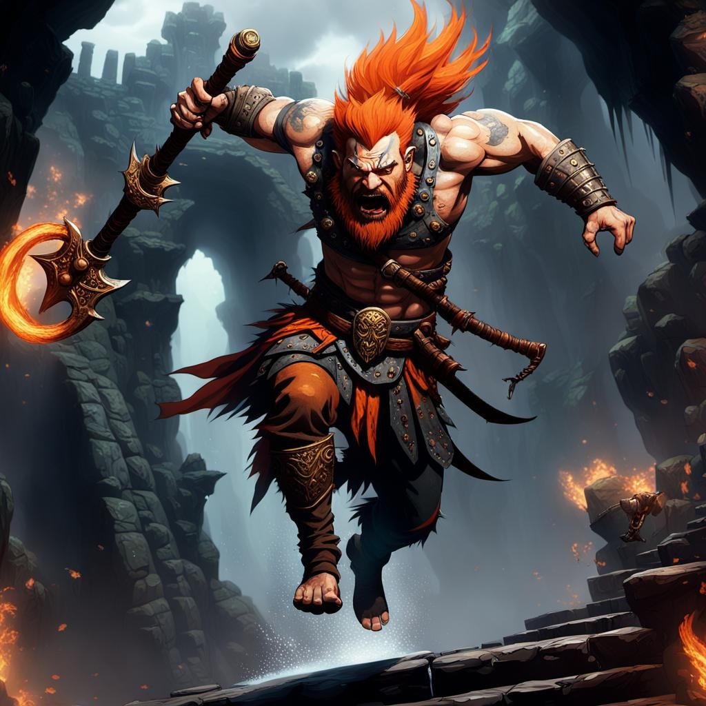 Epic Dwarf Barbarian vs Hydra in Noir Style