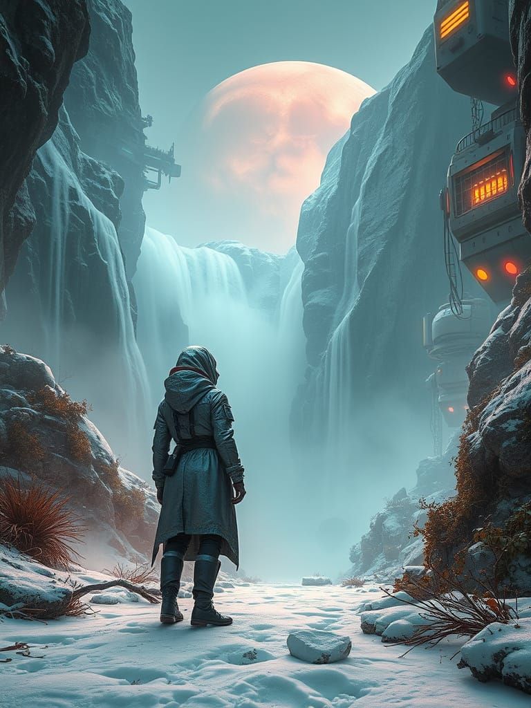 Cyberpunk Explorer in Icy Phobos Landscape, Atompunk Archite...