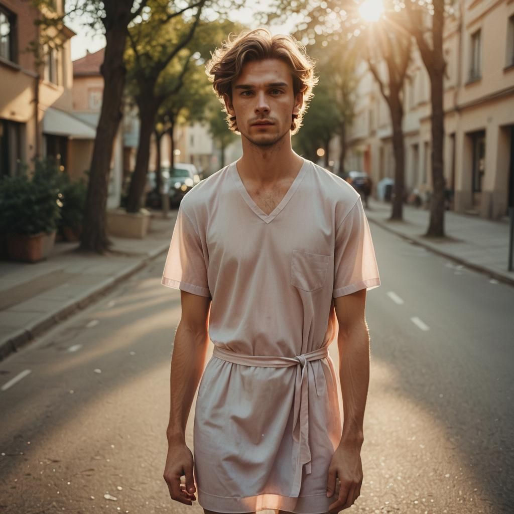 Young Man in Pastel Dress, Cinematic Film Still