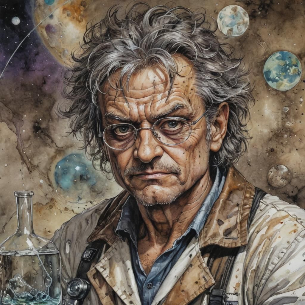 Mad Scientist Portrait in Space, Alcohol Ink Style
