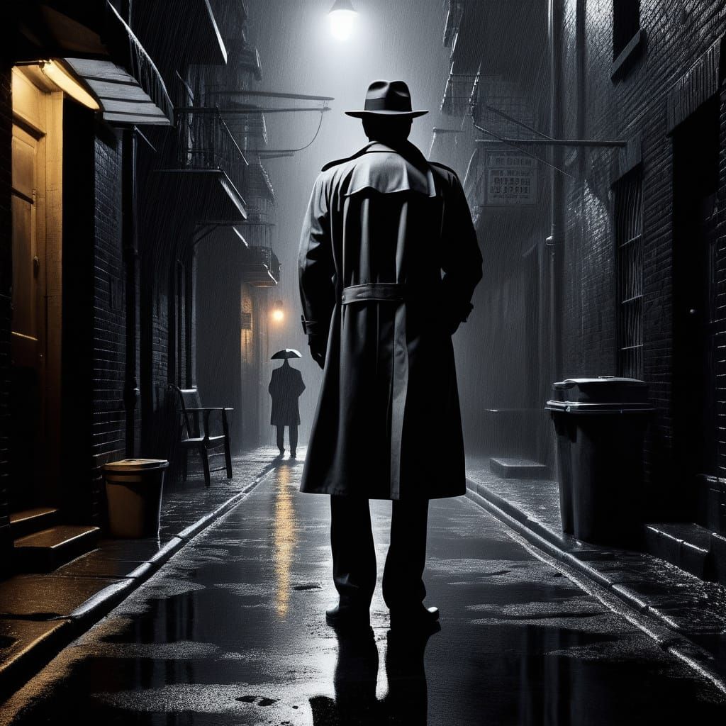 Noir Detective Investigates Crime Scene in Alley