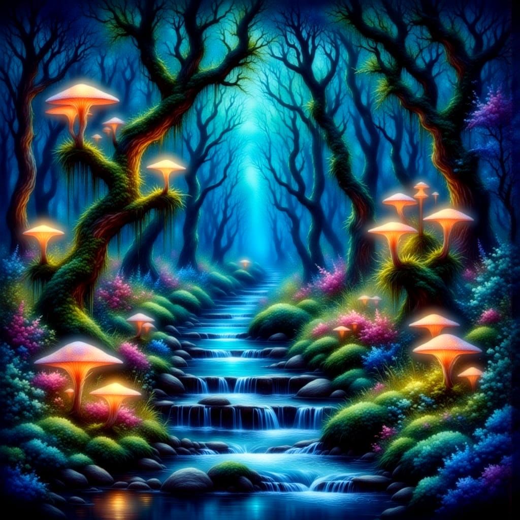 Bioluminescent Grove in Antique Watercolor Style