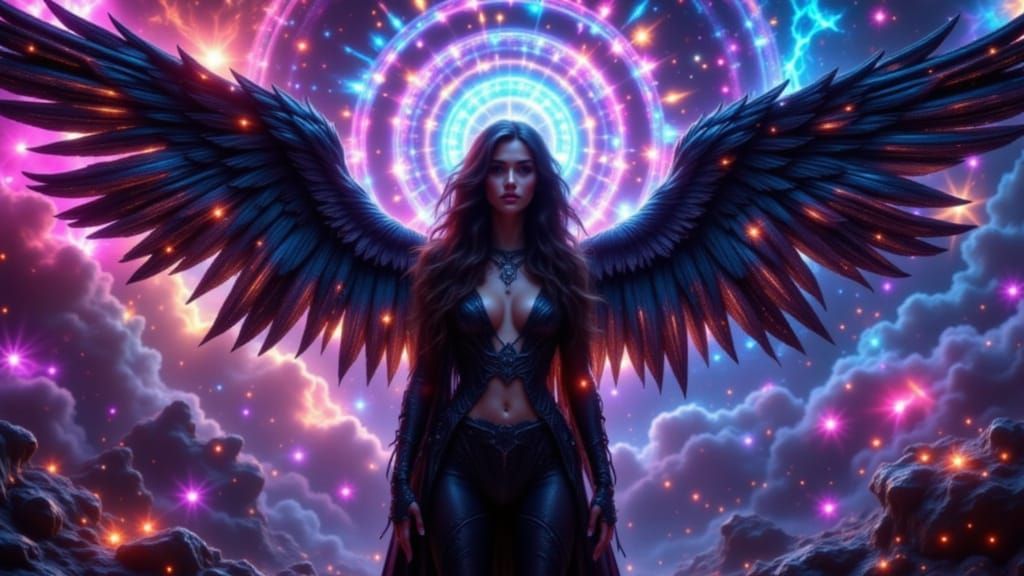 Dark Angel Halo in Vibrant Neon-Lit Digital Reality