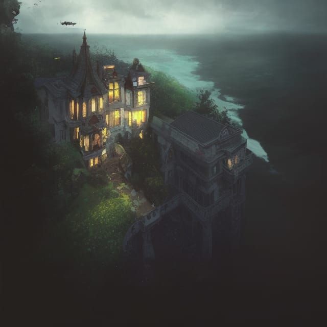 Victorian Mansion on Stormy Cliff, Digital Art