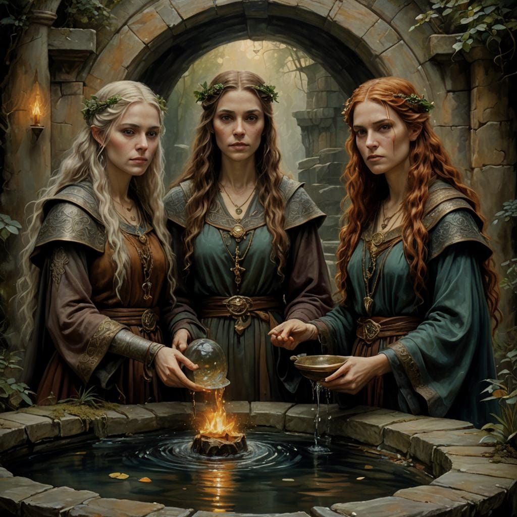 Sorceresses at Sacred Well: Anime Cinematic Painting