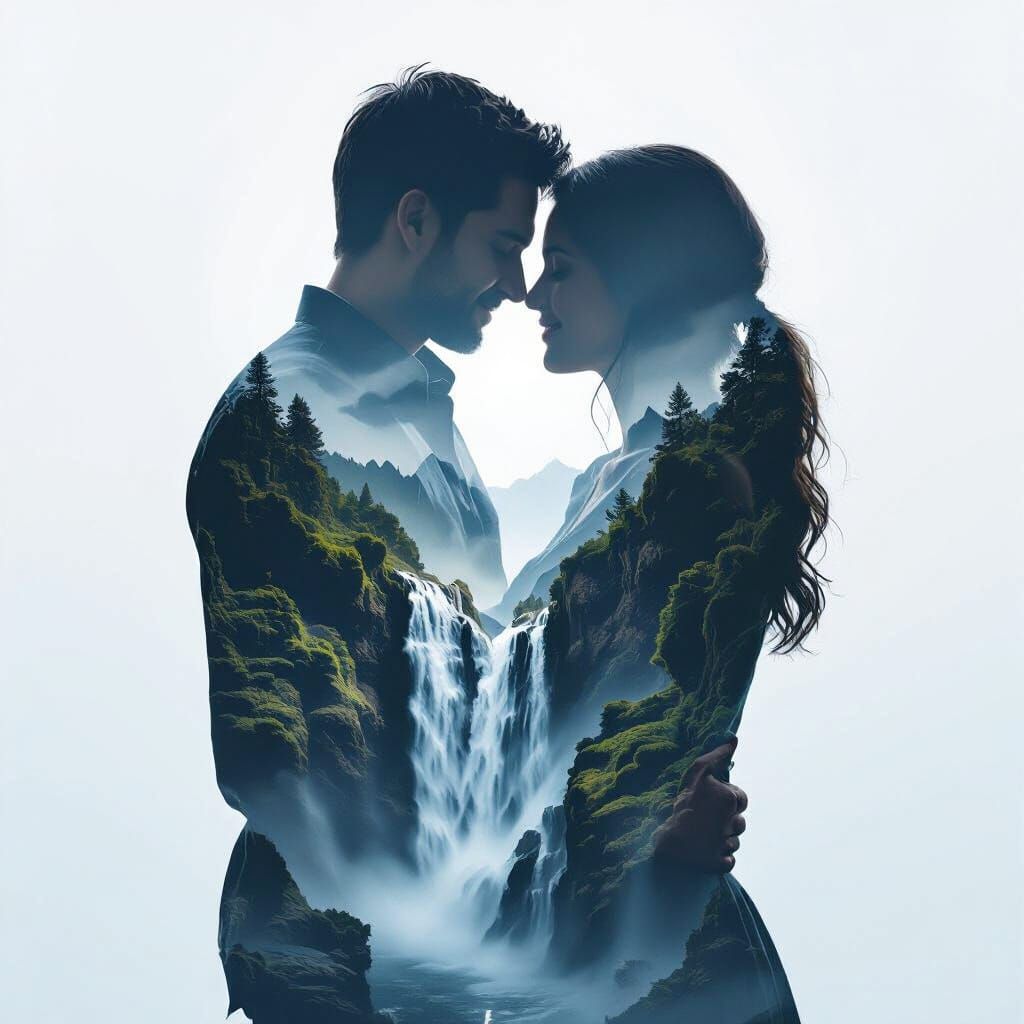 Embracing Couple Silhouette with Waterfall Double Exposure