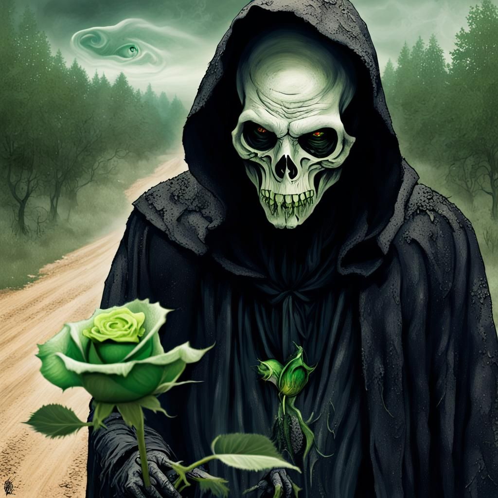 Grim Reaper Smelling Rose in Dark Fantasy Art
