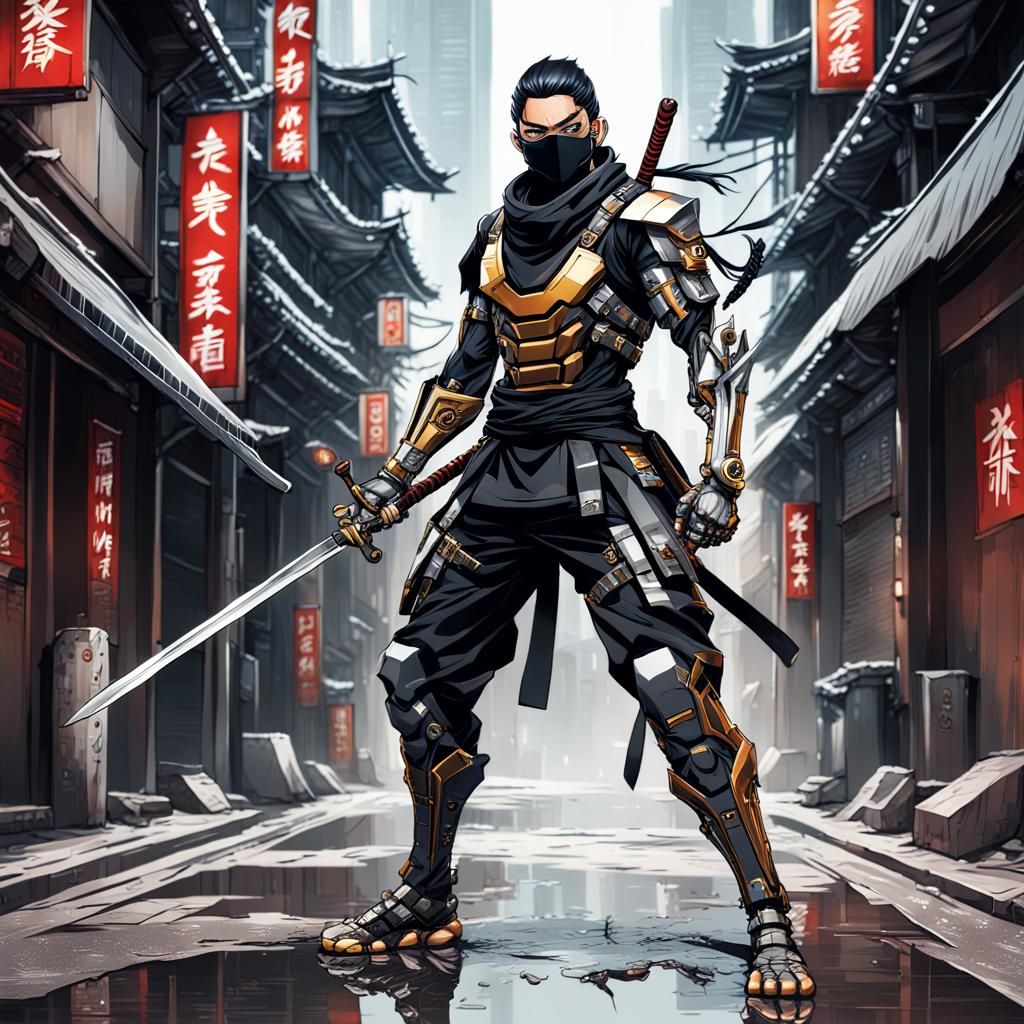 Cyborg Ninja Anime Illustration in Tech Clothing