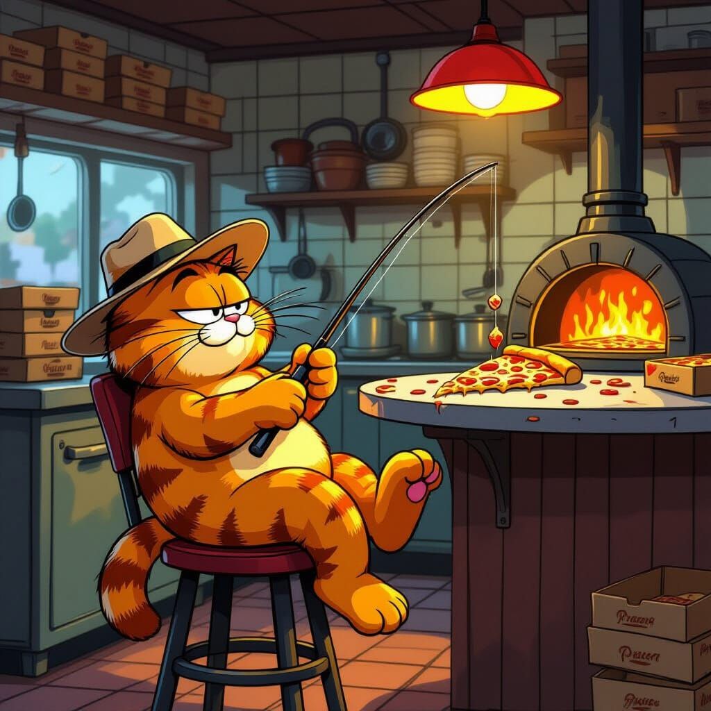 Garfield Fishing for Pizza in Comic Book Style