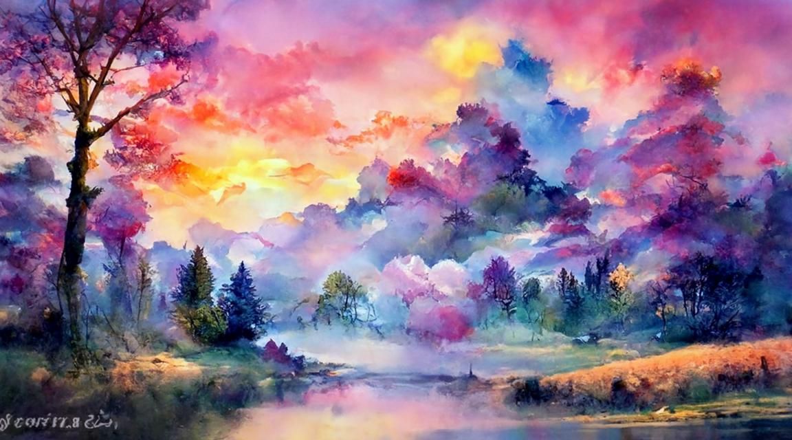 Whimsical Sunset Watercolour Landscape with Pastel Hues and....