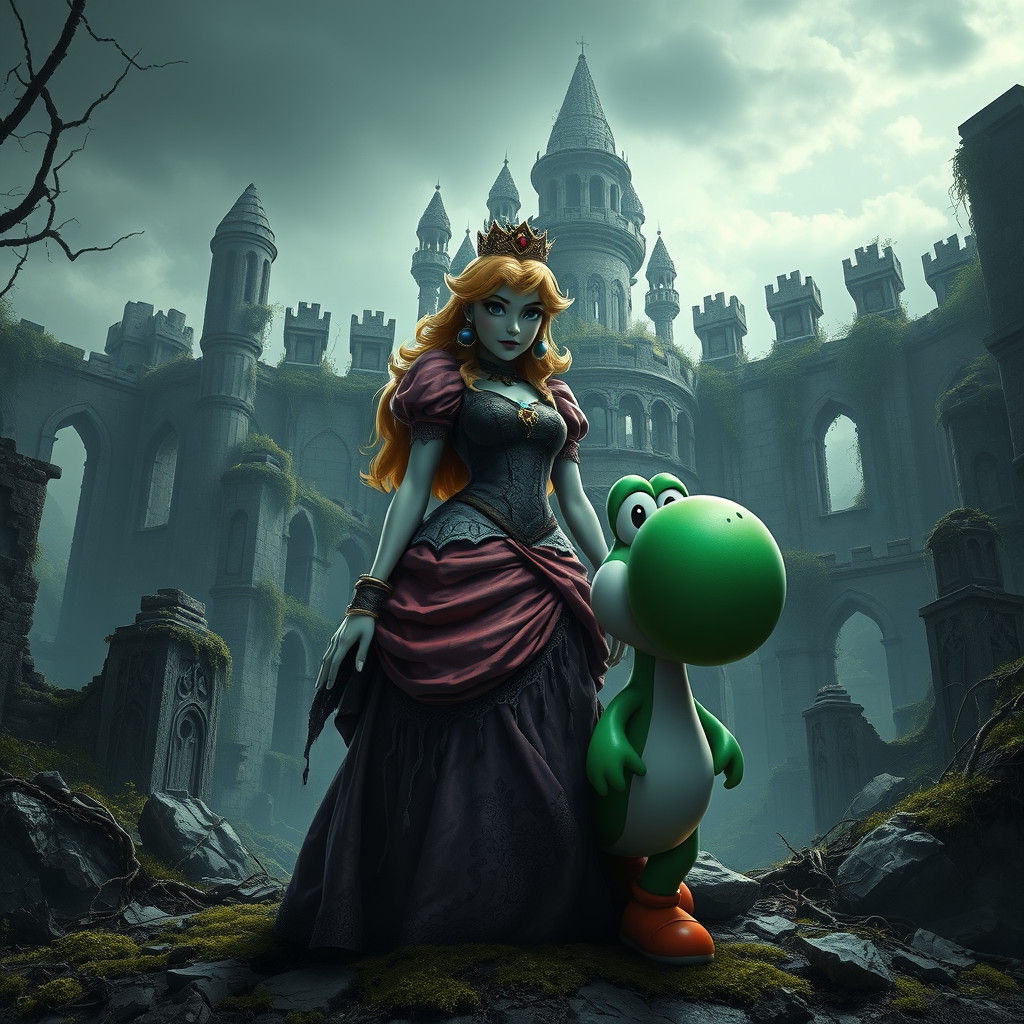 Princess Peach and Yoshi in Dark Fantasy Ruins