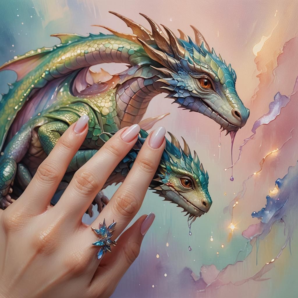 Elf Dragon Perched on Finger in Oil and Ink Painting